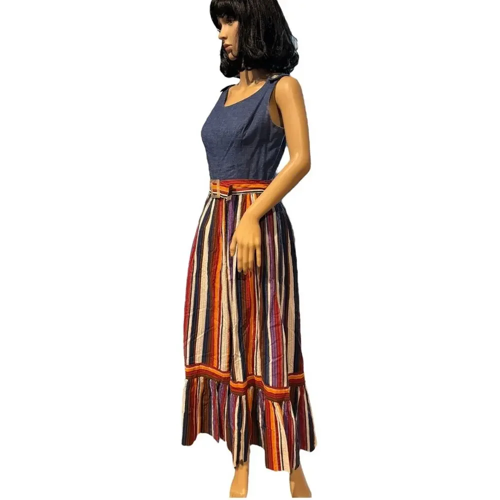 Vintage 1970s PLW Denim & Striped Prairie Midi Dress Boho Belted